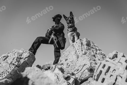 Preview: Cynologist. A Man In Military Clothes With A Trained Sheepdog