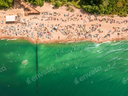 Preview: Aerial view of crowded beach at Baltic Sea in Poland.