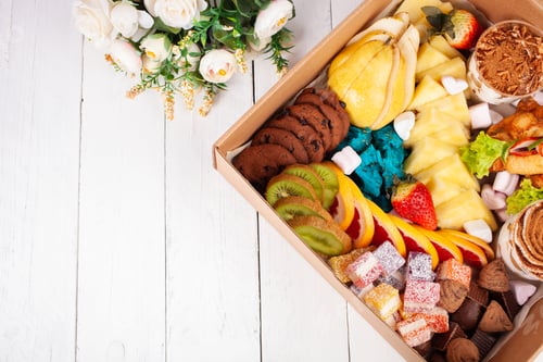 Preview: Gastronomic box, food, sweets and fruits, flowers for a gift on March 8, February 14, birthday. Home