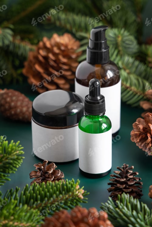 Preview: Brown glass jars near fir branches and pine cones on dark green close up. Brand packaging mockup