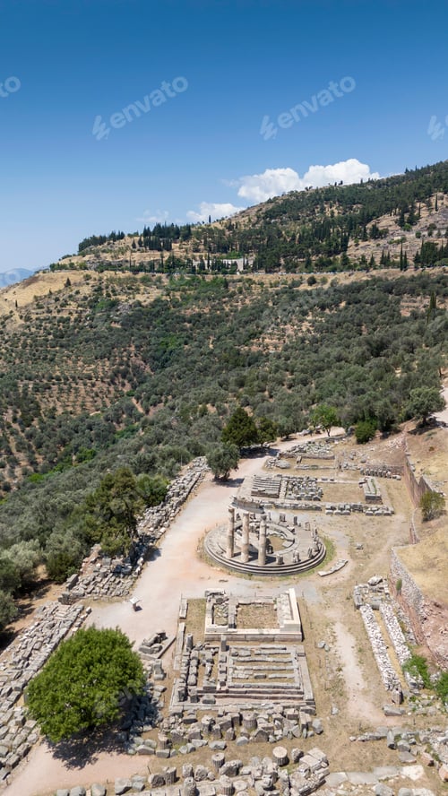 Preview: Aerial bird's eye view photo taken by drone of archaeological site of ancient Delphi.