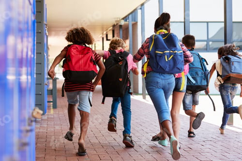 Preview: School kids running in elementary school hallway, back view