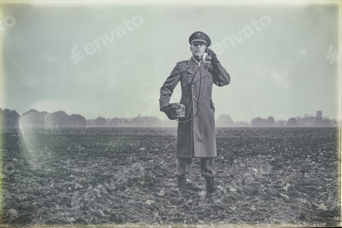 Preview: Antique Black And White Photo Of 1940S Military Officer Calling With Field Phone On Farmland.