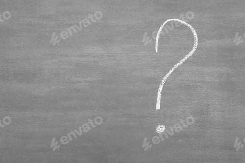 Preview: Question mark drawn with white chalk on a gray board and free space for text