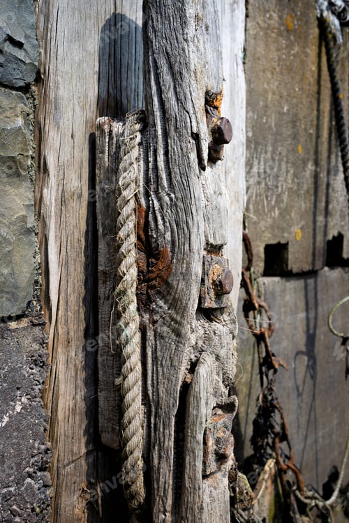 Preview: Weathered wooden post with rusted bolts and frayed rope showing industrial decay and passage of time
