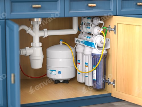 Preview: Reverse osmosis water purification system under sink in a kitchen.