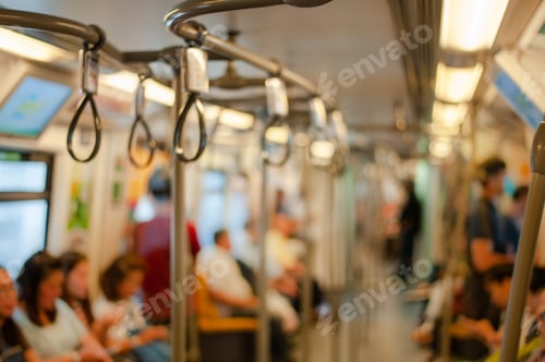 Preview: Blur hand straps on subway. Hand grip strap in public transportation. Selective focus of perspective