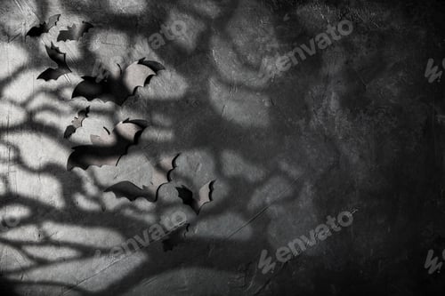 Preview: halloween and decoration concept - black paper bats and scary trees shadows background