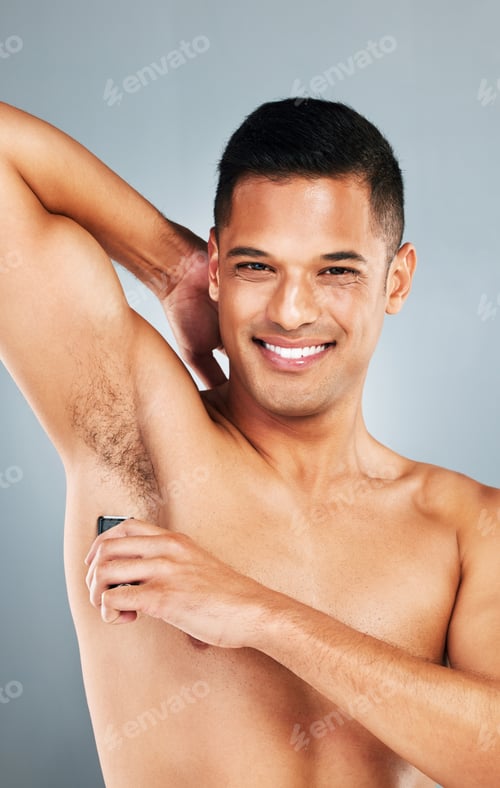 Preview: Man shaving armpit body hair for self care, hygiene and beauty skincare routine, wellness and epila