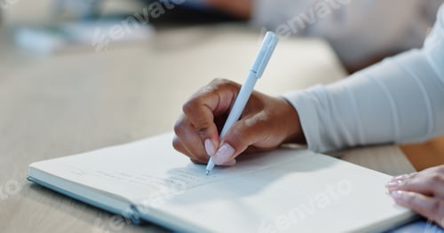 Preview: Hands, pen or writing in journal on desk, inspiration or business consultant with agenda notes at w