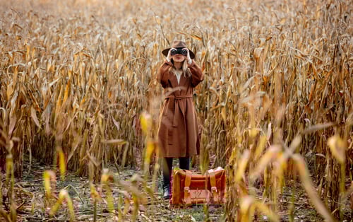 Preview: Style woman with travel suitcase and binoculars on corn field in autumn time season