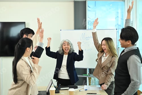 Preview: Group of business professionals celebrating their successful project in the office