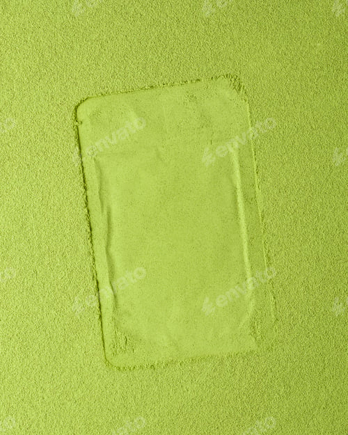 Preview: Minimalist matcha powder background with clean pouch imprint offers versatile space for text