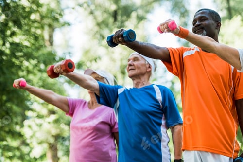 Preview: low angle view of pensioners in sportswear training with dumbbells in park