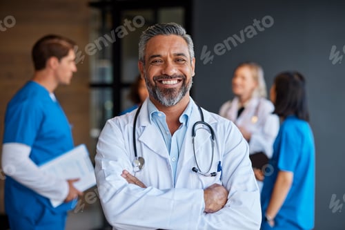 Preview: Portrait of smiling mixed race doctor in hospital