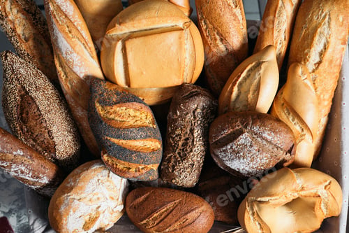 Preview: Many mixed breads and rolls.
