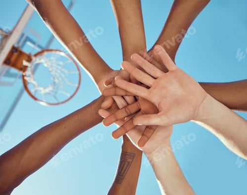 Preview: Teamwork, motivation and basketball player hand collaboration in support of a plan and game strateg