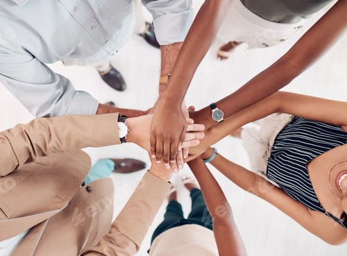Preview: Teamwork, support and stack of hands of business people for community, trust and collaboration in o