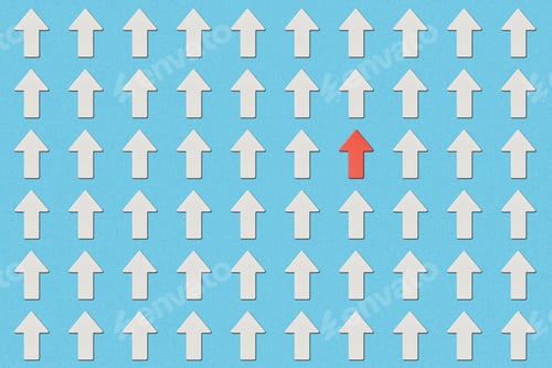 Preview: top view of rows with white pointers and red arrow on blue background