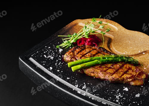 Preview: Savory grilled steak served on a stylish black platter with garnishes