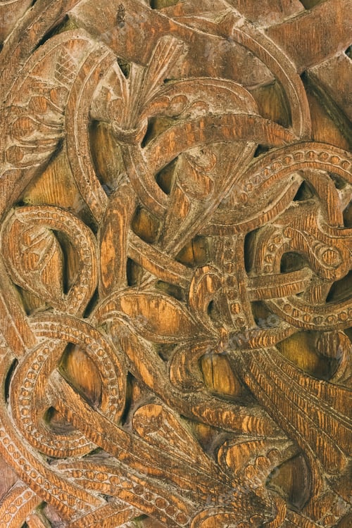 Preview: Borgund, Norway. Carved Details Of Famous Wooden Norwegian Landmark Stavkirke. Ancient Old Wooden