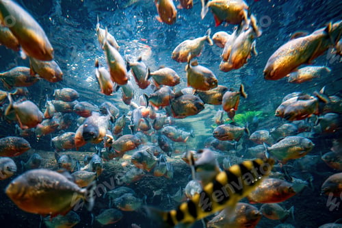 Preview: Red bellied piranha fish (Pygocentrus Nattereri) swimming in river water in South America jungle.