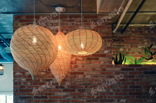 Preview: Wooden weave lamp hanging on ceiling and brick wall
