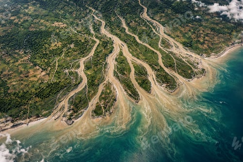 Preview: River Delta Aerial View Meeting the Ocean
