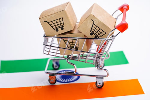Preview: Box with shopping cart logo and India flag.