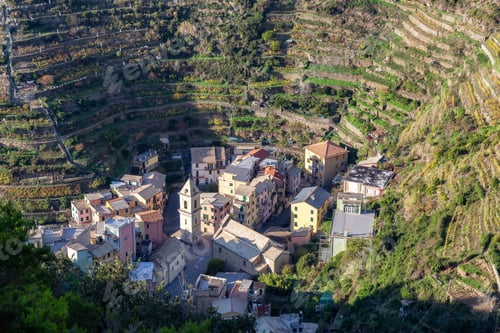 Preview: Small touristic town on the coast and farmland, Manarola, Italy. Cinque Terre