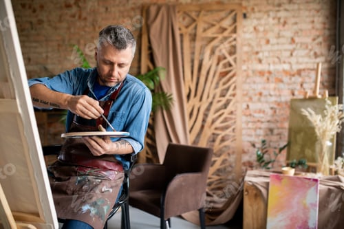 Preview: Creative middle aged man in apron mixing colors on palette before painting