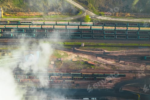 Preview: Industrial iron production factory during manifacture, aerial view from exterior,among smokes