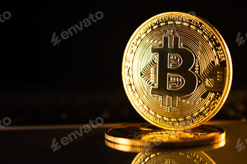 Preview: Golden coins with bitcoin symbol on a black background.