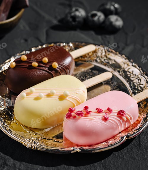 Preview: Delicious handmade ice cream pops displayed on a decorative plate