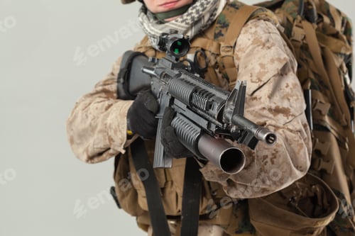 Preview: Soldier holds a rifle with a backpack in a neutral setting during training session