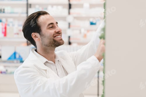 Preview: Druggist stretching to shelves with medicines drugs, antibiotics, painkillers, vitamins at pharmacy