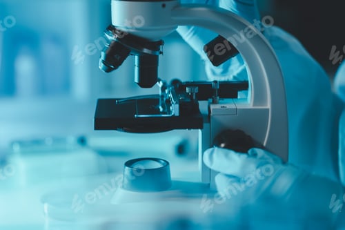 Preview: female medic in uniform working with microscope making analysis at the laboratory, Close-up shot of