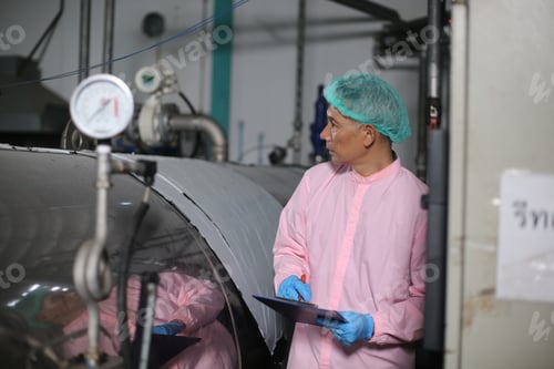 Preview: Factory worker examining a bottle in factory