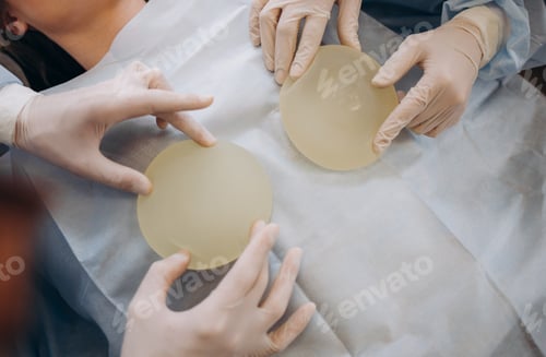 Preview: Doctor showing silicone implants for breast augmentation to patient in clinic, closeup.