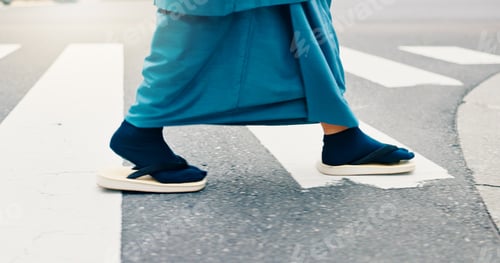 Preview: Kimono, shoes and walking on crosswalk with man, fashion and morning commute in city. Sandals, Japa