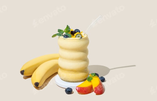 Preview: Smoothie with mango, banana and blueberry in a glass on a yellow background with fruits and shadow.