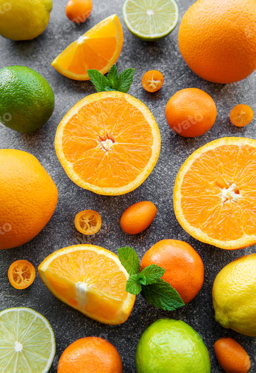 Bright Citrus Fruits and Mint on Dark Surface