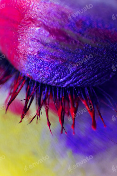 Preview: Close close-up dark eye with lashes with multi-colored paint, yellow, purple.