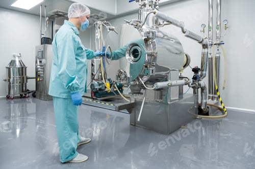 Preview: Pharmaceutical factory man worker in protective clothing working on equipment in sterile working