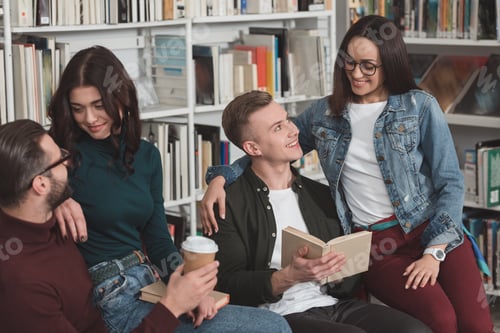 Preview: multicultural couples sitting on chairs in library