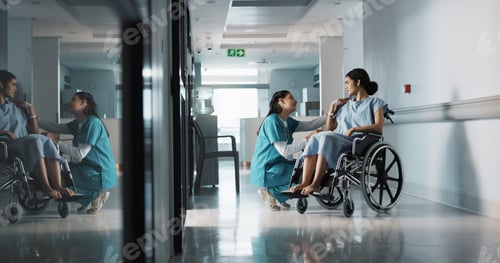 Preview: Happy nurse, wheelchair patient and people talking, consulting and motivation advice, kindness or e
