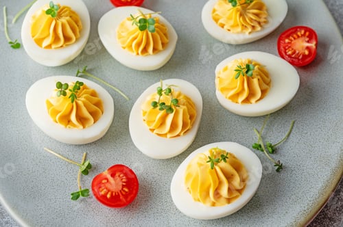 Preview: Deviled eggs with cheese, mustard and microgreens on top on a plate for Easter.