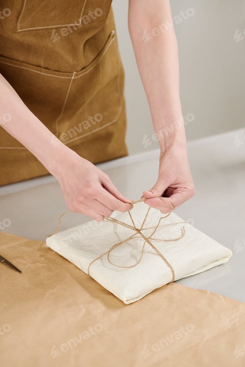 Preview: Tying up knot on top of packed parcel