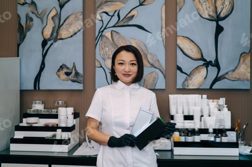 Preview: Female beautician with cosmetics in beauty salon