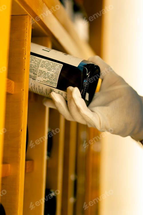 Preview: A close-up of a waiter's hand taking a bottle of wine from a wine shelf in an Italian restaurant